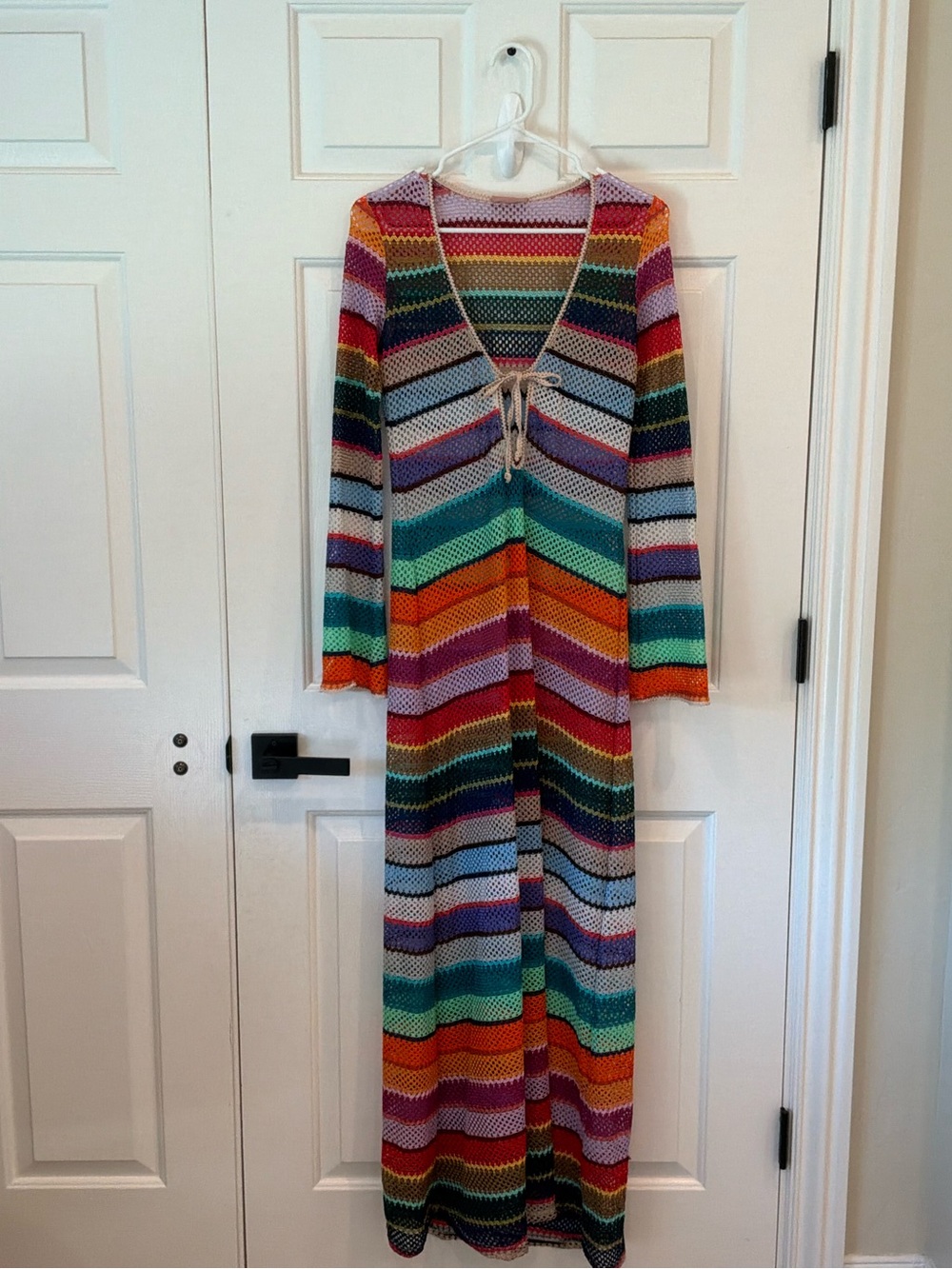 Multicolor Striped Crochet Maxi Dress with Tie Front